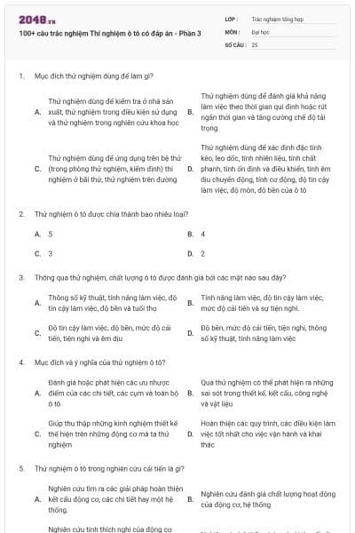 100+ câu trắc nghiệm Thí nghiệm ô tô có đáp án - Phần 3