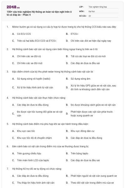 100+ câu trắc nghiệm Hệ thống an toàn và tiện nghi trên ô tô có đáp án - Phần 4