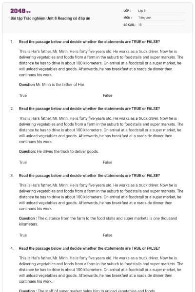 Bài tập Trắc nghiệm Unit 8 Reading có đáp án