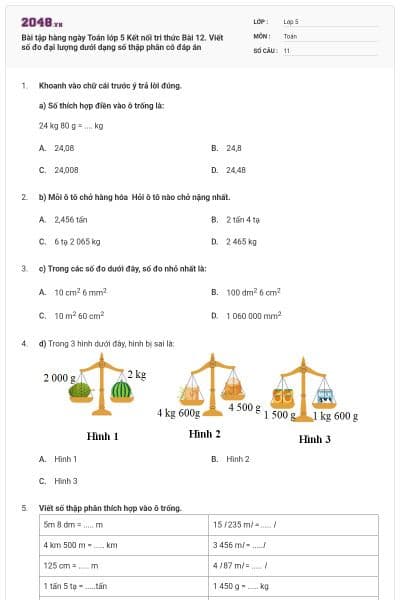 Bài tập hàng ngày Toán lớp 5 Kết nối tri thức Bài 12. Viết số đo đại lượng dưới dạng số thập phân có đáp án