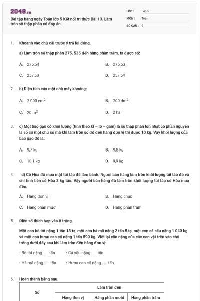 Bài tập hàng ngày Toán lớp 5 Kết nối tri thức Bài 13. Làm tròn số thập phân có đáp án