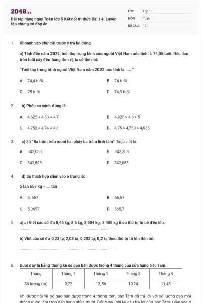 Bài tập hàng ngày Toán lớp 5 Kết nối tri thức Bài 14. Luyện tập chung có đáp án