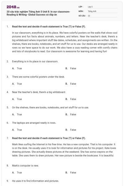 20 câu trắc nghiệm Tiếng Anh 5 Unit 8: In our classroom-Reading & Writing- Global Success có đáp án