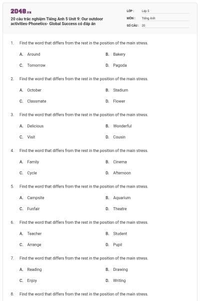 20 câu trắc nghiệm Tiếng Anh 5 Unit 9: Our outdoor activities-Phonetics- Global Success có đáp án