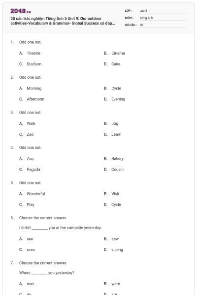 20 câu trắc nghiệm Tiếng Anh 5 Unit 9: Our outdoor activities-Vocabulary & Grammar- Global Success có đáp án
