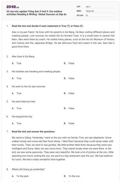 20 câu trắc nghiệm Tiếng Anh 5 Unit 9: Our outdoor activities-Reading & Writing- Global Success có đáp án