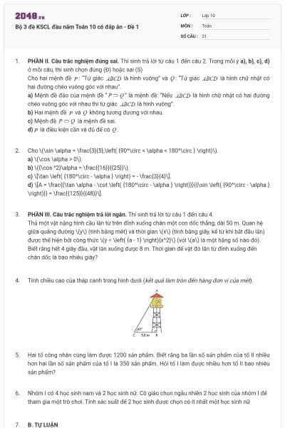Bộ 3 đề KSCL đầu năm Toán 10 có đáp án - Đề 1