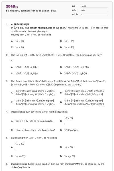 Bộ 3 đề KSCL đầu năm Toán 10 có đáp án - Đề 2