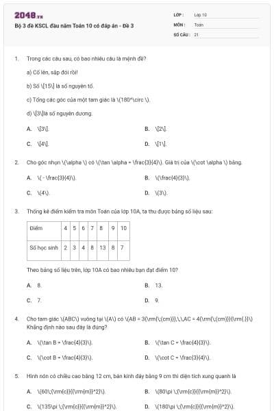 Bộ 3 đề KSCL đầu năm Toán 10 có đáp án - Đề 3