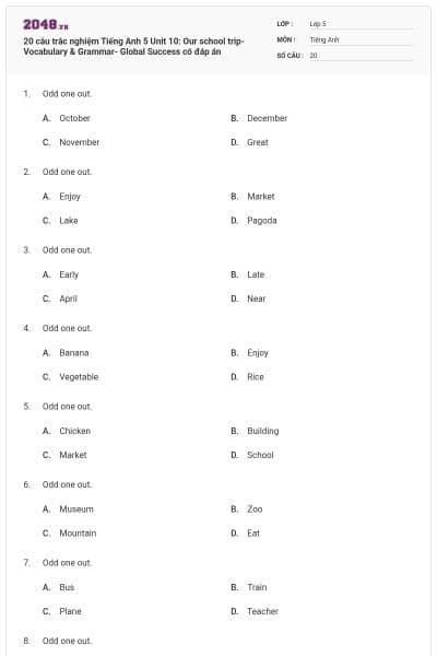 20 câu trắc nghiệm Tiếng Anh 5 Unit 10: Our school trip-Vocabulary & Grammar- Global Success có đáp án