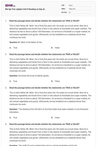 Bài tập Trắc nghiệm Unit 8 Reading có đáp án