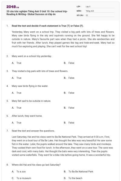 20 câu trắc nghiệm Tiếng Anh 5 Unit 10: Our school trip-Reading & Writing- Global Success có đáp án