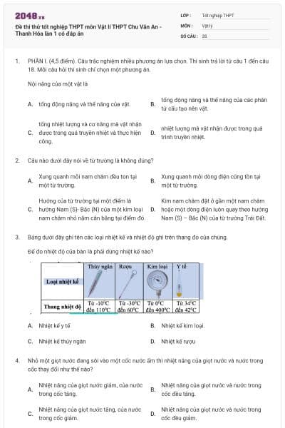 Đề thi thử tốt nghiệp THPT môn Vật lí THPT Chu Văn An - Thanh Hóa lần 1 có đáp án