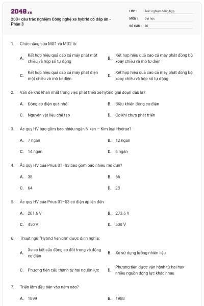 200+ câu trắc nghiệm Công nghệ xe hybrid có đáp án - Phần 3