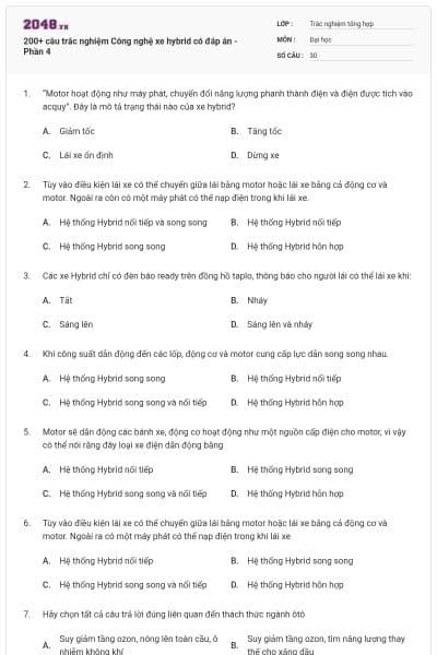 200+ câu trắc nghiệm Công nghệ xe hybrid có đáp án - Phần 4