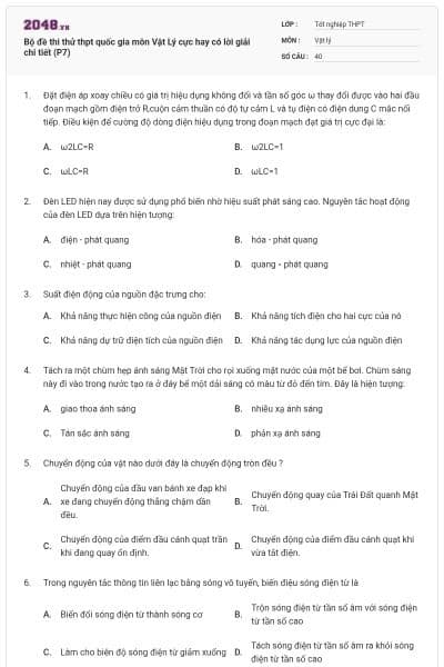Bộ đề thi thử thpt quốc gia môn Vật Lý cực hay có lời giải chi tiết (P7)
