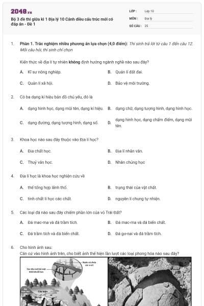 Bộ 3 đề thi giữa kì 1 Địa lý 10 Cánh diều cấu trúc mới có đáp án - Đề 1