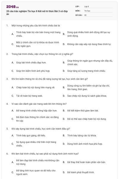 20 câu trắc nghiệm Tin học 8 Kết nối tri thức Bài 3 có đáp án
