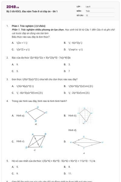 Bộ 3 đề KSCL đầu năm Toán 8 có đáp án - Đề 1