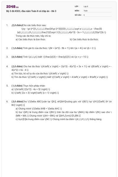 Bộ 3 đề KSCL đầu năm Toán 8 có đáp án - Đề 3