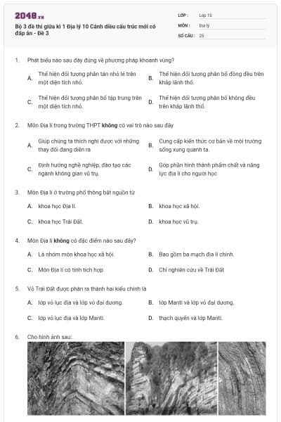 Bộ 3 đề thi giữa kì 1 Địa lý 10 Cánh diều cấu trúc mới có đáp án - Đề 3