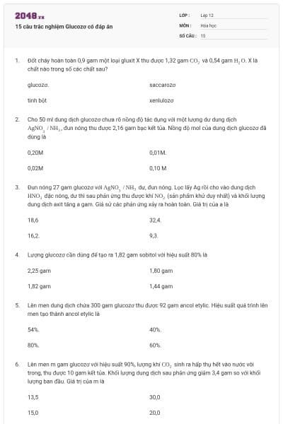 15 câu trắc nghiệm Glucozơ có đáp án