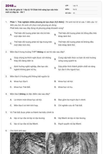 Bộ 3 đề thi giữa kì 1 Địa lý 10 Chân trời sáng tạo cấu trúc mới có đáp án - Đề 1