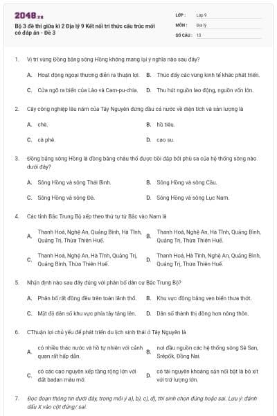 Bộ 3 đề thi giữa kì 2 Địa lý 9 Kết nối tri thức cấu trúc mới có đáp án - Đề 3