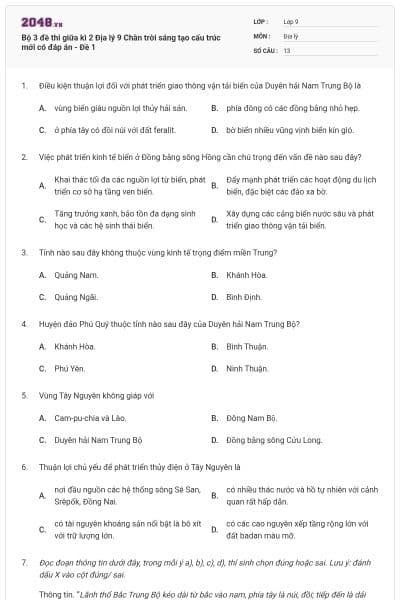 Bộ 3 đề thi giữa kì 2 Địa lý 9 Chân trời sáng tạo cấu trúc mới có đáp án - Đề 1