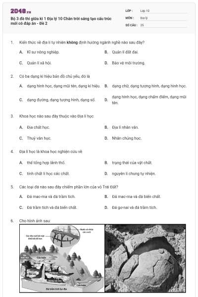 Bộ 3 đề thi giữa kì 1 Địa lý 10 Chân trời sáng tạo cấu trúc mới có đáp án - Đề 2