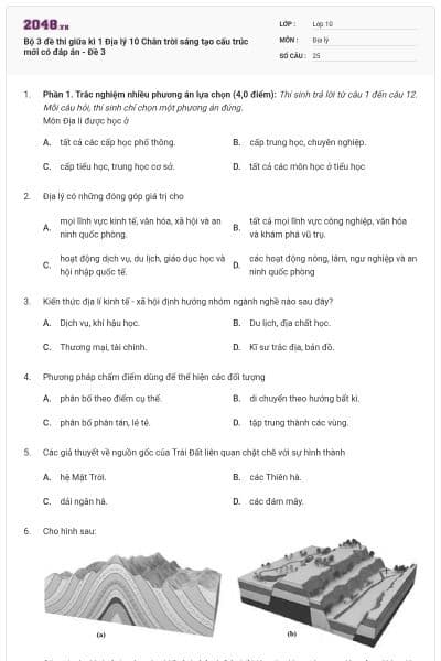 Bộ 3 đề thi giữa kì 1 Địa lý 10 Chân trời sáng tạo cấu trúc mới có đáp án - Đề 3