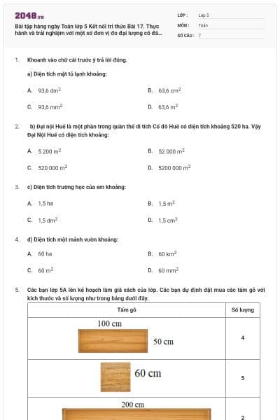 Bài tập hàng ngày Toán lớp 5 Kết nối tri thức Bài 17. Thực hành và trải nghiệm với một số đơn vị đo đại lượng có đáp án