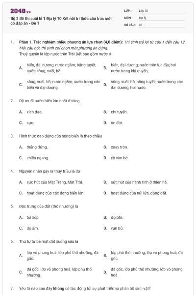 Bộ 3 đề thi cuối kì 1 Địa lý 10 Kết nối tri thức cấu trúc mới có đáp án - Đề 1