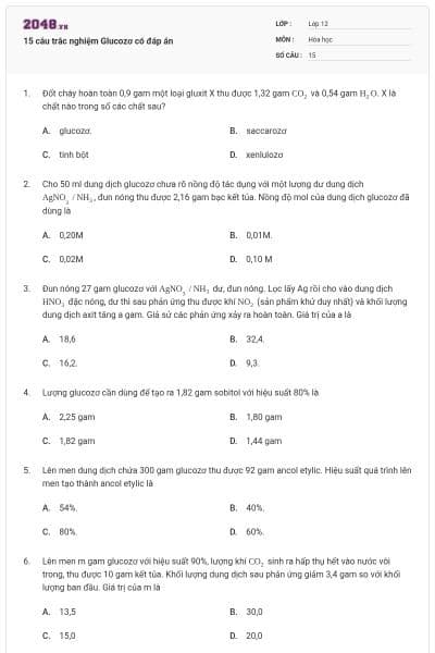 15 câu trắc nghiệm Glucozơ có đáp án
