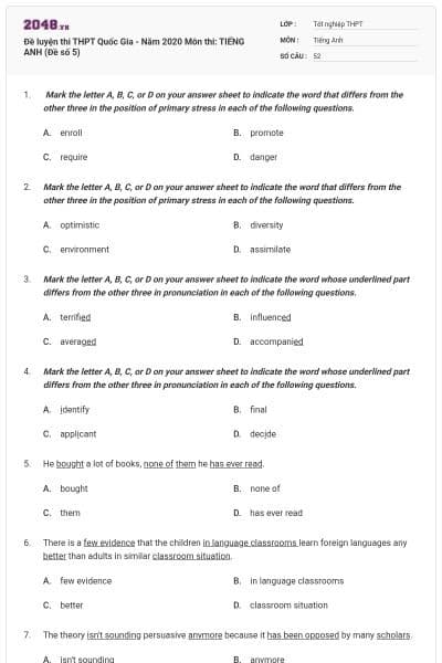 Đề luyện thi THPT Quốc Gia - Năm 2020 Môn thi: TIẾNG ANH (Đề số 5)