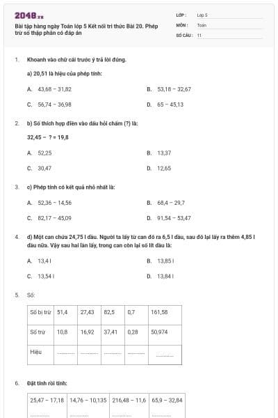 Bài tập hàng ngày Toán lớp 5 Kết nối tri thức Bài 20. Phép trừ số thập phân có đáp án