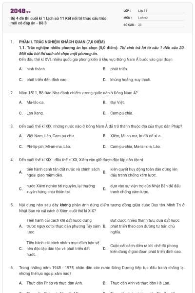 Bộ 4 đề thi cuối kì 1 Lịch sử 11 Kết nối tri thức cấu trúc mới có đáp án - Đề 3
