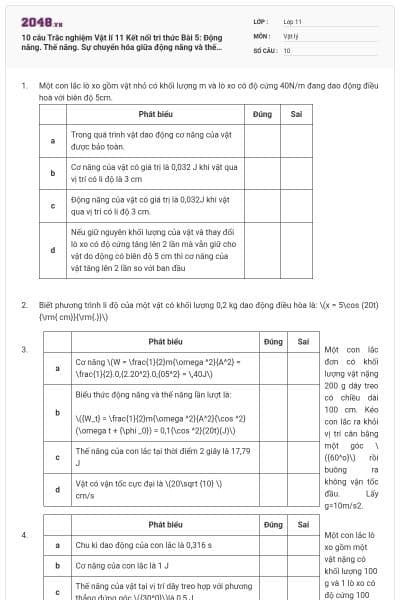 10 câu Trắc nghiệm Vật lí 11 Kết nối tri thức Bài 5: Động năng. Thế năng. Sự chuyển hóa giữa động năng và thế năng trong dao động điều hòa (Đúng sai - Trả lời ngắn) có đáp án