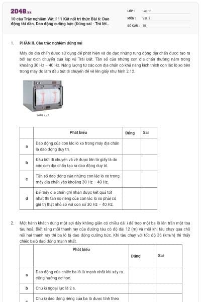 10 câu Trắc nghiệm Vật lí 11 Kết nối tri thức Bài 6: Dao động tắt dần. Dao động cưỡng bức (Đúng sai - Trả lời ngắn) có đáp án