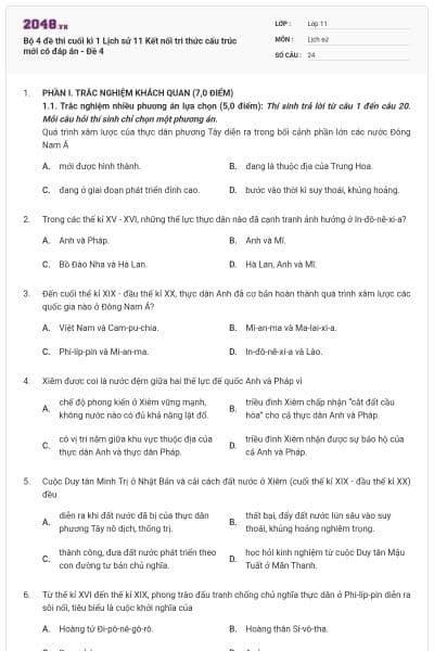 Bộ 4 đề thi cuối kì 1 Lịch sử 11 Kết nối tri thức cấu trúc mới có đáp án - Đề 4