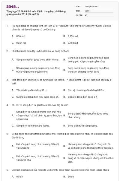 Tổng hợp 20 đề thi thử môn Vật Lí trung học phổ thông quốc gia năm 2019 (Đề số 21)
