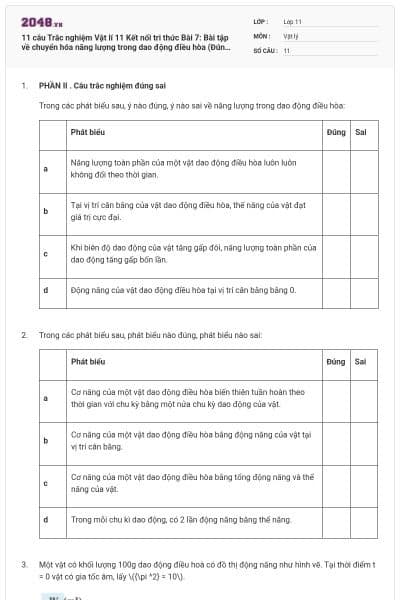 11 câu Trắc nghiệm Vật lí 11 Kết nối tri thức Bài 7: Bài tập về chuyển hóa năng lượng trong dao động điều hòa (Đúng sai - Trả lời ngắn) có đáp án