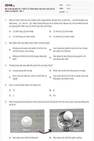 Bộ 3 đề thi giữa kì 1 Vật lí 12 Cánh diều cấu trúc mới (có tự luận) có đáp án - Đề 1