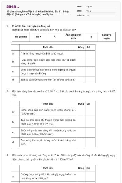 10 câu trắc nghiệm Vật lí 11 Kết nối tri thức Bài 11: Sóng điện từ (Đúng sai - Trả lời ngắn) có đáp án