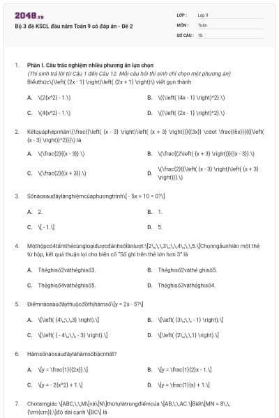 Bộ 3 đề KSCL đầu năm Toán 9 có đáp án - Đề 2