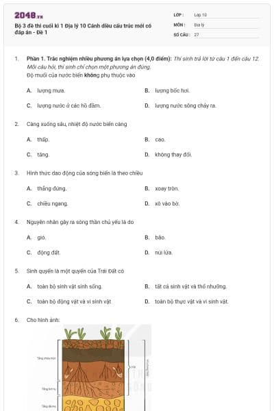 Bộ 3 đề thi cuối kì 1 Địa lý 10 Cánh diều cấu trúc mới có đáp án - Đề 1