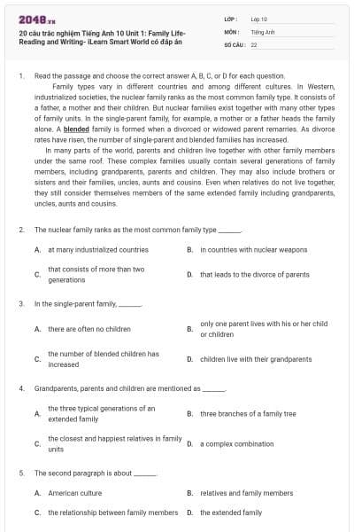 20 câu trắc nghiệm Tiếng Anh 10 Unit 1: Family Life-Reading and Writing- iLearn Smart World có đáp án