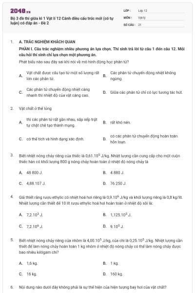Bộ 3 đề thi giữa kì 1 Vật lí 12 Cánh diều cấu trúc mới (có tự luận) có đáp án - Đề 2