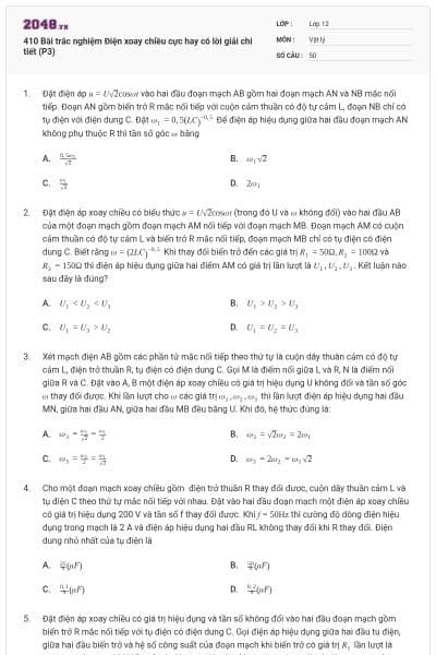 410 Bài trắc nghiệm Điện xoay chiều cực hay có lời giải chi tiết (P3)