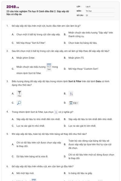 23 câu trắc nghiệm Tin học 8 Cánh diều Bài 2. Sắp xếp dữ liệu có đáp án